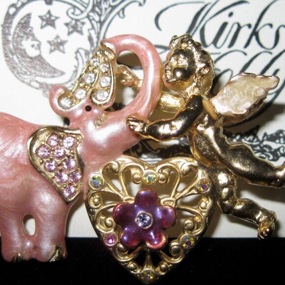 KIRKS FOLLY SIGNED 2 X'S NEW OLD STOCK PINK ELEPHANT W/FAIRY & HEART BROOCH - Picture 2 of 7